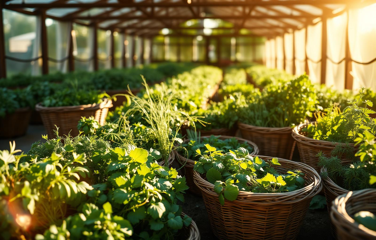 Sunlit organic farm with fresh herbs in woven baskets